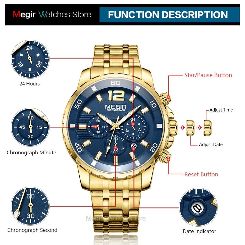 Megir Men's Gold Stainless Steel Quartz Watches